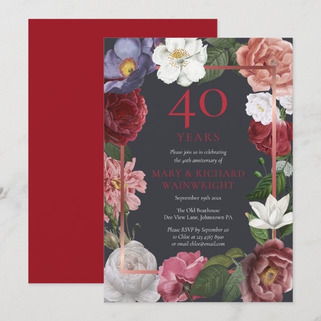 40. Hochzeitstag Rose Chic Ruby Einladung (Vorne/Hinten)