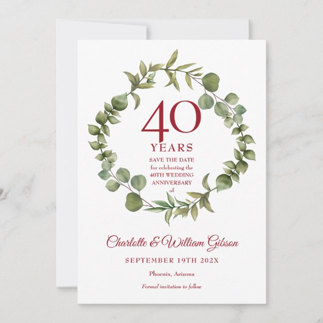 40. Hochzeitstag Ruby Waldgrün  Save The Date (Vorderseite)