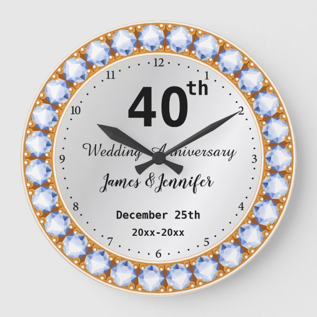 40. Individuelle Name zum Hochzeitstag Große Wanduhr (Vorderseite)