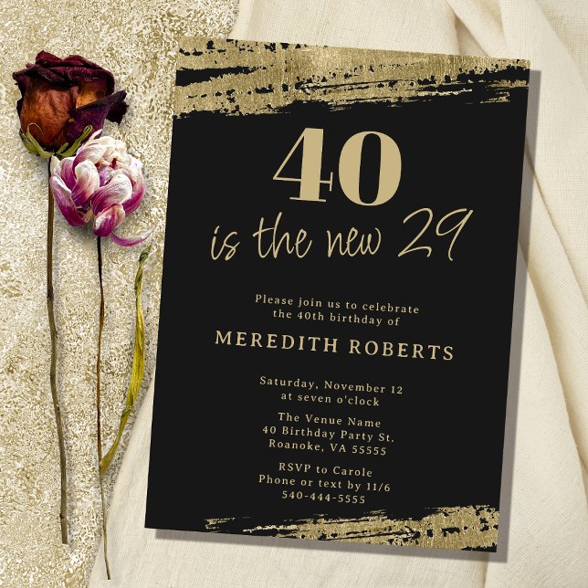 40 ist das neue 29 Gold Black 40 th Birthday Party Einladung (40 is the New 29 Gold Black 40th Birthday Party Invitation)