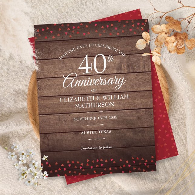 40 Jahre Save the Date Ruby Hearts Rustic Postkarte (Von Creator hochgeladen)