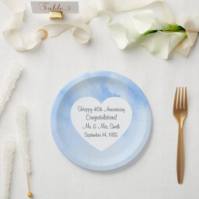 40. Jubiläum Light Blue Sky Heart Pappteller (Hochzeit)
