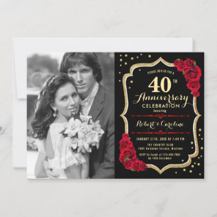 40. Jubiläum mit Foto - Rote Rosen Gold Schwarz Einladung