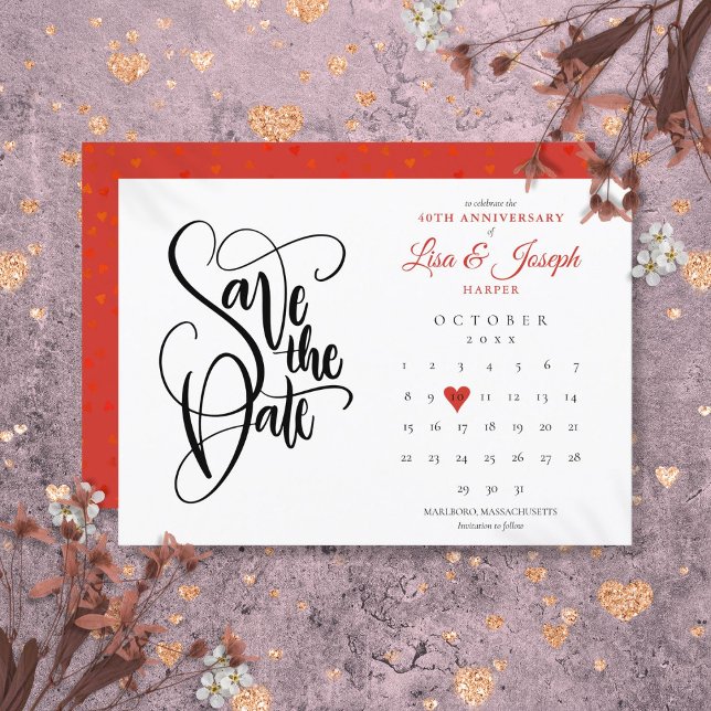40. Jubiläum Save the Date Kalender Ruby Herz Einladung (40th Anniversary Save the Date Calendar Ruby Heart Invitation)