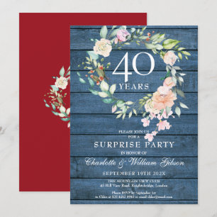 40. Jubiläum Überraschung Party Floral Blue Rustic Einladung