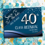 40. Klasse Wiedersehen Elegant Blue Ankündigungspostkarte<br><div class="desc">Save the Date Postkarten für High School oder Class Wiedersehen. Blaues Thema mit silberner Imitat 40. mit fett weißem Text. Alle Texte sind mit Ausnahme der 40 anpassbar und können für Ihr eigenes Party geändert werden. Auch in meinem Shop finden Sie Banner der Klasse.</div>