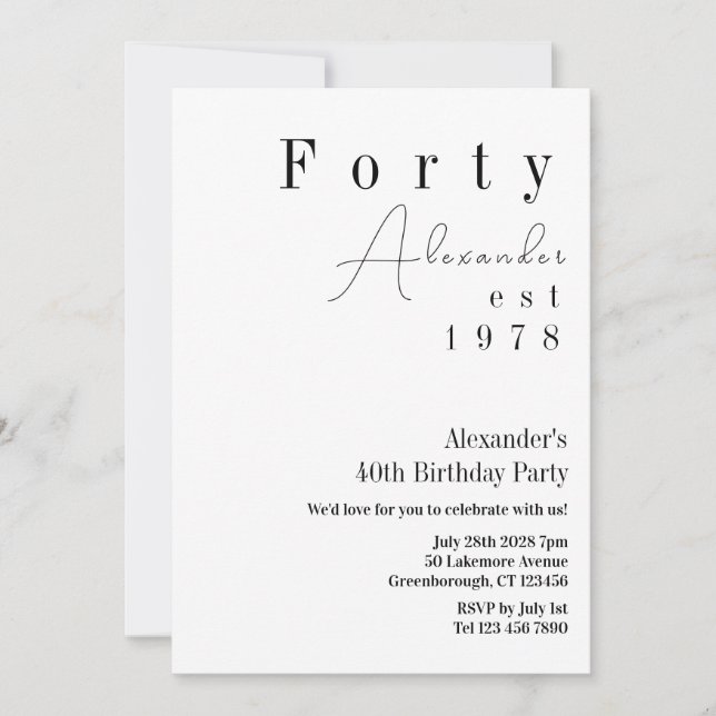 40 Minimal 40. Geburtstag Party Einladung (Vorderseite)