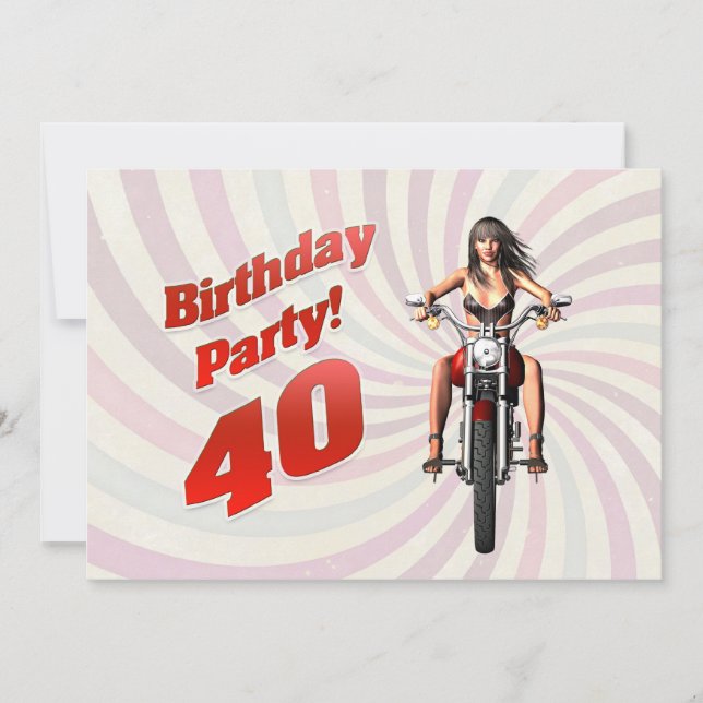 40. Party mit einem Mädel auf einem Motorrad Einladung (Vorderseite)