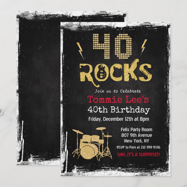40 Rocks Rockstar Gitarre 40. Geburtstag Einladung (Vorne/Hinten)