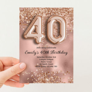 40. Roségold Glitter Geburtstag Einladung
