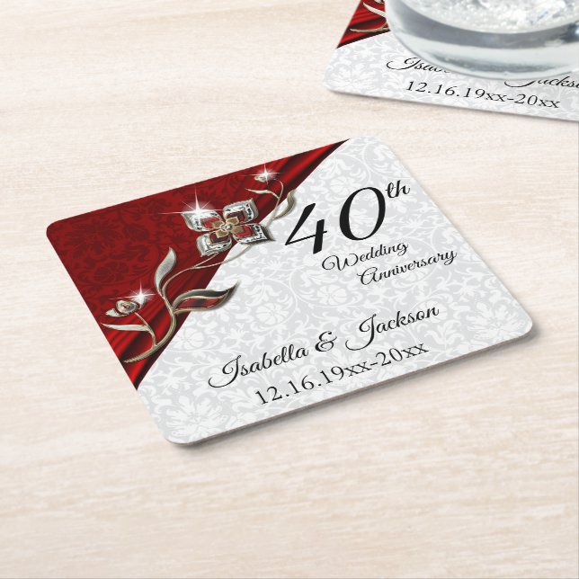 40. Ruby Floral Hochzeitstag 💞 Rechteckiger Pappuntersetzer (angewinkelt)