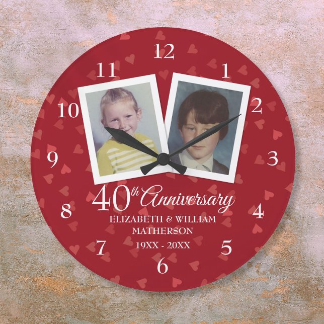 40. Ruby Hochzeit-Jubiläum Kindermädchen Fotos Große Wanduhr (40th Ruby Wedding Anniversary Childhood Photos Large Clock)