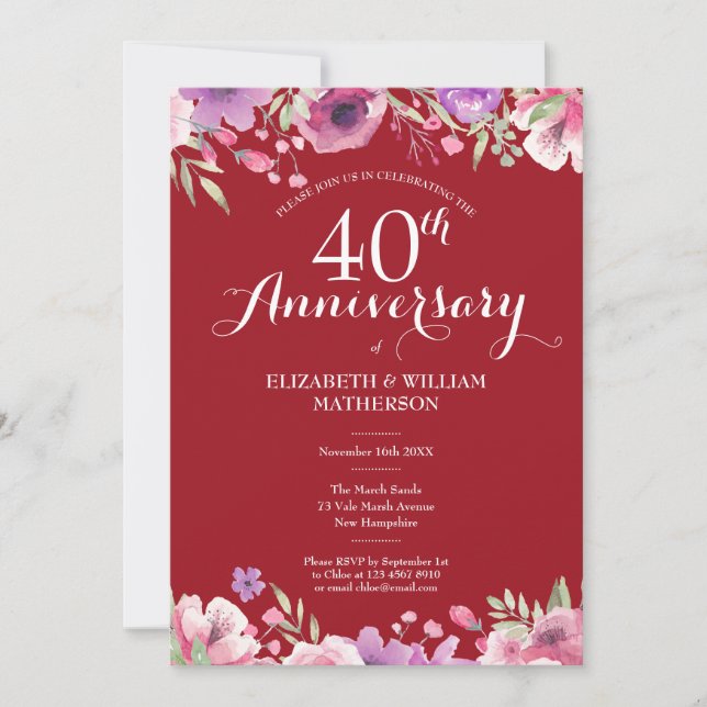 40. Ruby Hochzeitsfeier Chic Country Floral Einladung (Vorderseite)