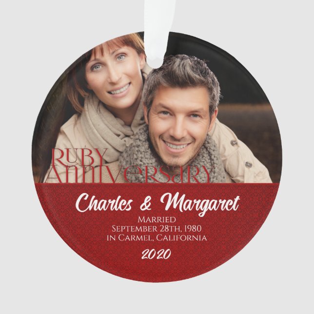 40. Ruby Jubiläum Rotes und Weißes Foto Ornament (Vorderseite)