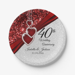 40. Ruby Red and White Glitzer Jubiläum Pappteller