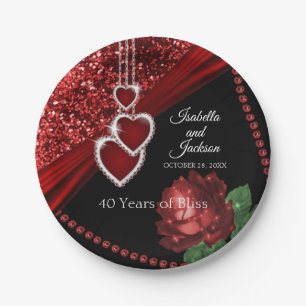 40. Ruby Red Glitter und Rose Jubiläum Pappteller