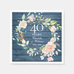 40. Ruby Wedding Anniversary Blue Rustic Floral Serviette