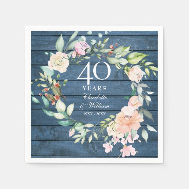 40. Ruby Wedding Anniversary Blue Rustic Floral Serviette (Vorderseite)