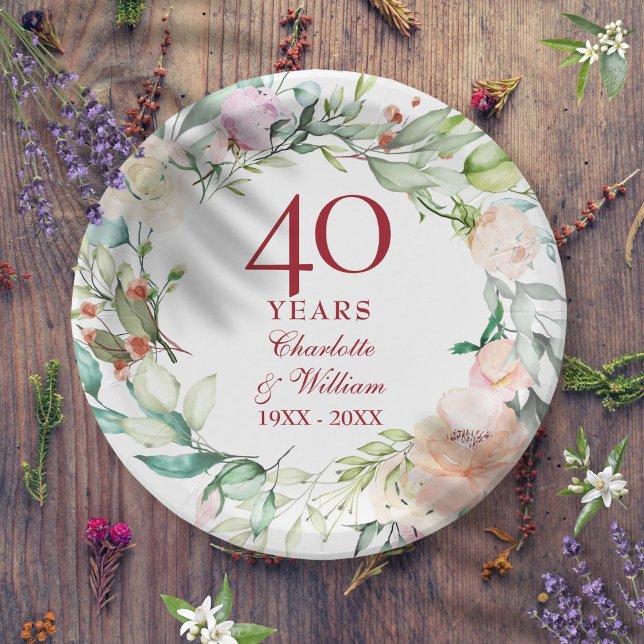 40. Ruby Wedding Anniversary Chic Rose Blumenstrau Pappteller (40th Ruby Wedding Anniversary Chic Roses Floral Paper Plates)
