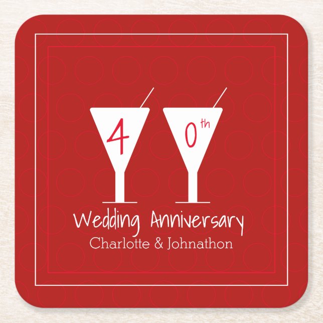 40. Ruby Wedding Anniversary Cocktail Design Rechteckiger Pappuntersetzer (Vorderseite)