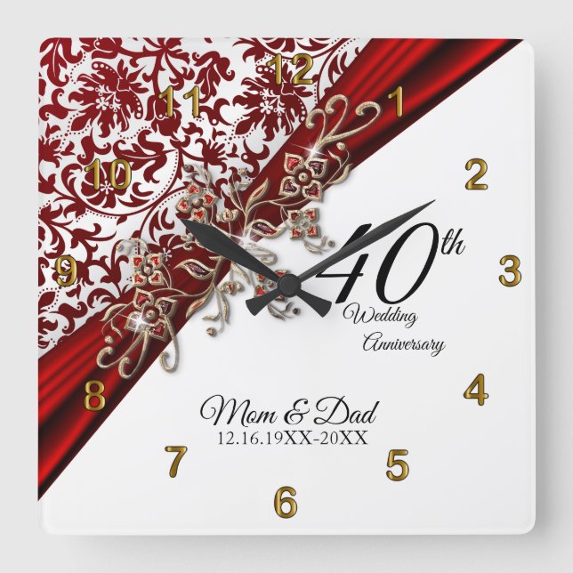 40. Ruby Wedding Anniversary Design Quadratische Wanduhr (Vorderseite)