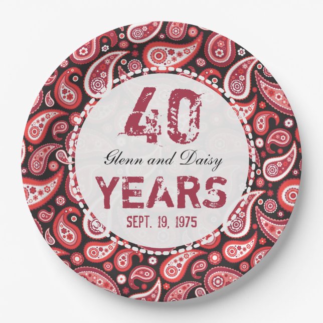40. Ruby Wedding Anniversary Paisley Pattern Pappteller (Vorderseite)