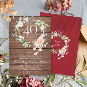 40. Ruby Wedding Anniversary Rustic Wood Floral Einladung