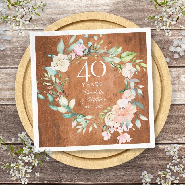 40. Ruby Wedding Anniversary Rustic Wood Rose Serviette (40th Ruby Wedding Anniversary Rustic Wood Roses Napkins)