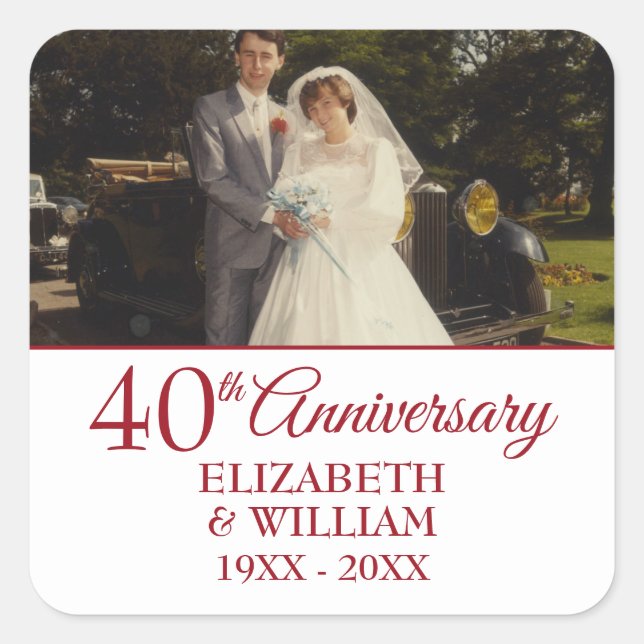40. Ruby Wedding Anniversary Simple Foto Quadratischer Aufkleber (Vorderseite)