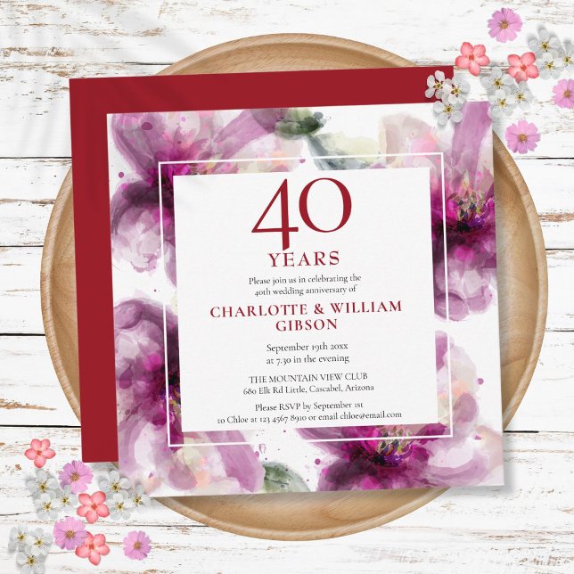 40. Ruby Wedding Jubiläum Aquarellblume Einladung (40th Ruby Wedding Anniversary Watercolor Floral Invitation)