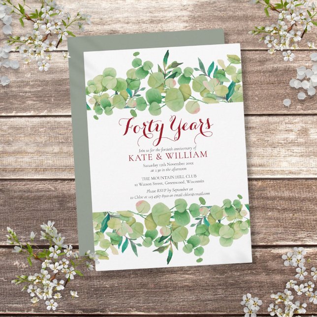 40. Ruby Wedding Jubiläum Chic Greenery Einladung (40th Ruby Wedding Anniversary Chic Greenery Invitation)