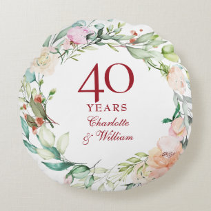 40. Ruby Wedding Jubiläum Elegant Floral Rundes Kissen