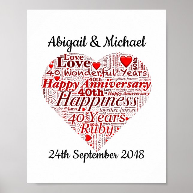 40. Ruby Wedding Jubiläum Word Art Print Poster (Vorne)