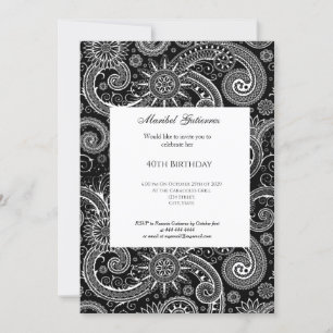 40. Schwarz-weiß Paisley Birthday Einladung