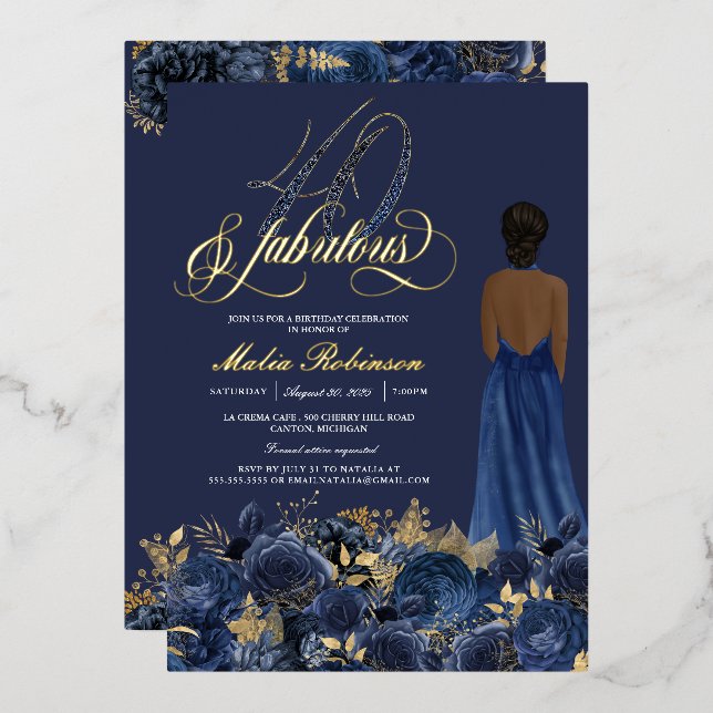 40 und fabelhaft Elegante Blue & Gold Geburtstag Folieneinladung (Vorderseite/Rückseite)