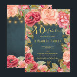 40 und fabelhafte, blumengeschmückte elegante 40.  einladung<br><div class="desc">Luxuriöses Vintag romantisches 40. Geburtstagsgeschenk mit rosa und pfirsichfarbenen Rose und blühenden Rahmen, goldenen rustikalen Streichern oder bunten Lichtern auf einem Mitternachtsblauen Chalkboard-Hintergrund. — Die Einladung ist geeignet für Frühlings- oder Sommernacht, Herbst rustikalen oder Garten Vintagen Outdoor Meilensteine Geburtstagsfeiern - 30, 40, 50, 60, 70, 80, 90, 100 - oder...</div>