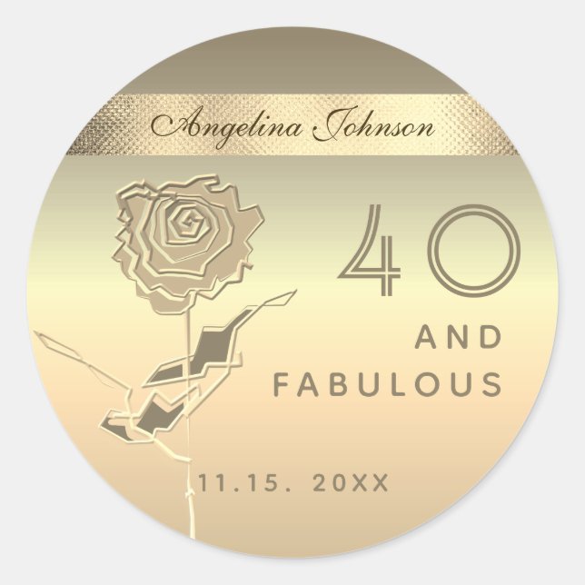 40 und fabelhafte , elegante Gold-Rose-Blume Runder Aufkleber (Vorderseite)