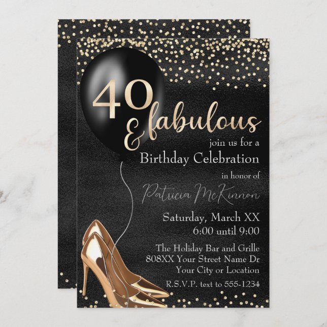 40 und fabelhafte Gold High Heels auf schwarz Einladung (Vorne/Hinten)