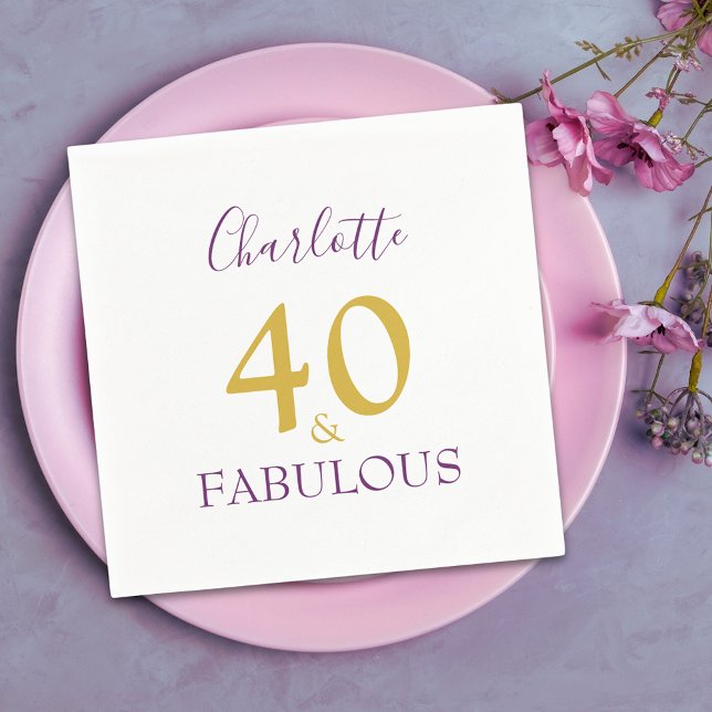 40 und fabelhaftes Elegant 40. Geburtstag Serviette (40 & fabulous stylish minimalist purple and gold typography personalized paper napkins )
