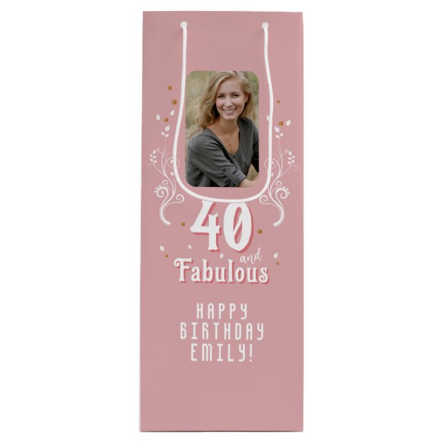 40 und fabelhaftes Foliage Pink Foto 40. Geburtsta Geschenktüte Für Weinflaschen (Vorderseite)