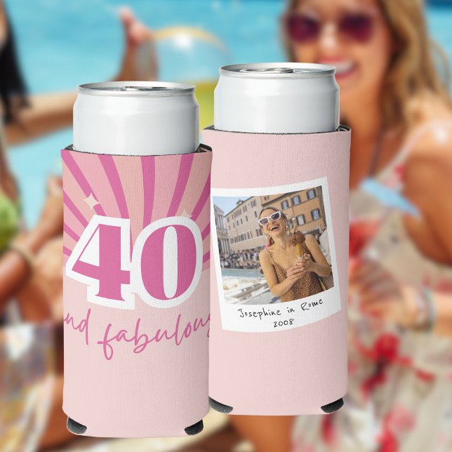 40 und fabelhaftes rosa Foto Geburtstag Selters Dosenkühler (40 and fabulous personalized photo can cooler, retro 40th birthday party gift)