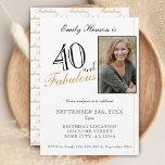 40 und Fabulous Elegant Script Foto Geburtstag Einladung<br><div class="desc">40 und fabelhafte elegante Script-Foto Geburtstag Einladung. Elegantes Foto Geburtstagsfeier Einladung. Das fabelhafte Muster ist auf der Rückseite. Fügen Sie Ihr Foto hinzu und passen Sie den Text auf der Einladung an. Ideal für das 40. Party einer Frau.</div>
