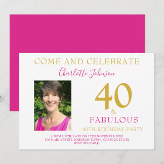 40 und Fabulous Foto Modernes 40. Geburtstag pink Einladung