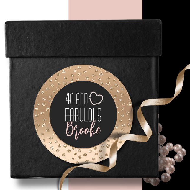 40 und fabulous Girly Glam Chic Gold Black Blush Runder Aufkleber (Von Creator hochgeladen)
