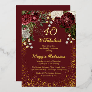 40 und Fabulous Glam Rose Floral Geburtstagsparty Folieneinladung