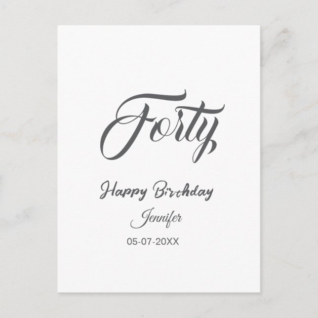 40. vierzigster BuchstabeGeburtstag Name Datum Jah Postkarte (Vorderseite)