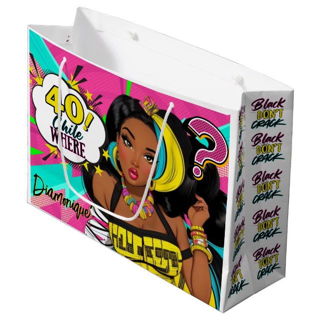 40 Wo? Funny Black Girl Pop Große Geschenktüte (Vorderseite Schrägansicht)
