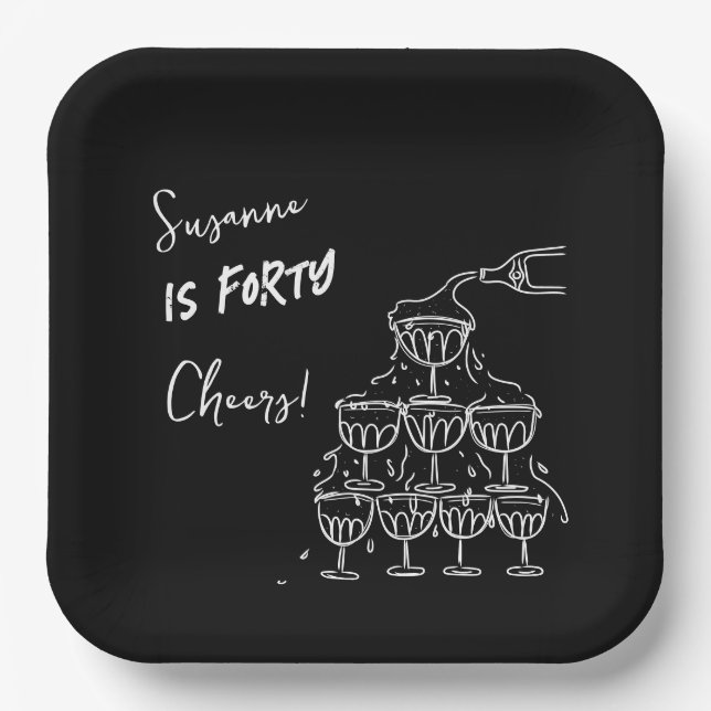40 years Birthday Champagne tower funky Pappteller (Vorderseite)