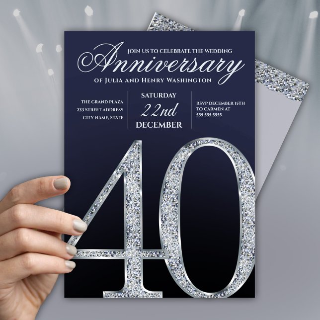 40th Anniversary Diamond Silver Navy Blue Modern Einladung (Von Creator hochgeladen)