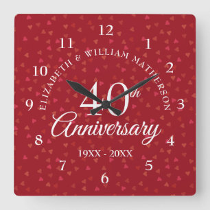 40th Anniversary Ruby Hearts Quadratische Wanduhr